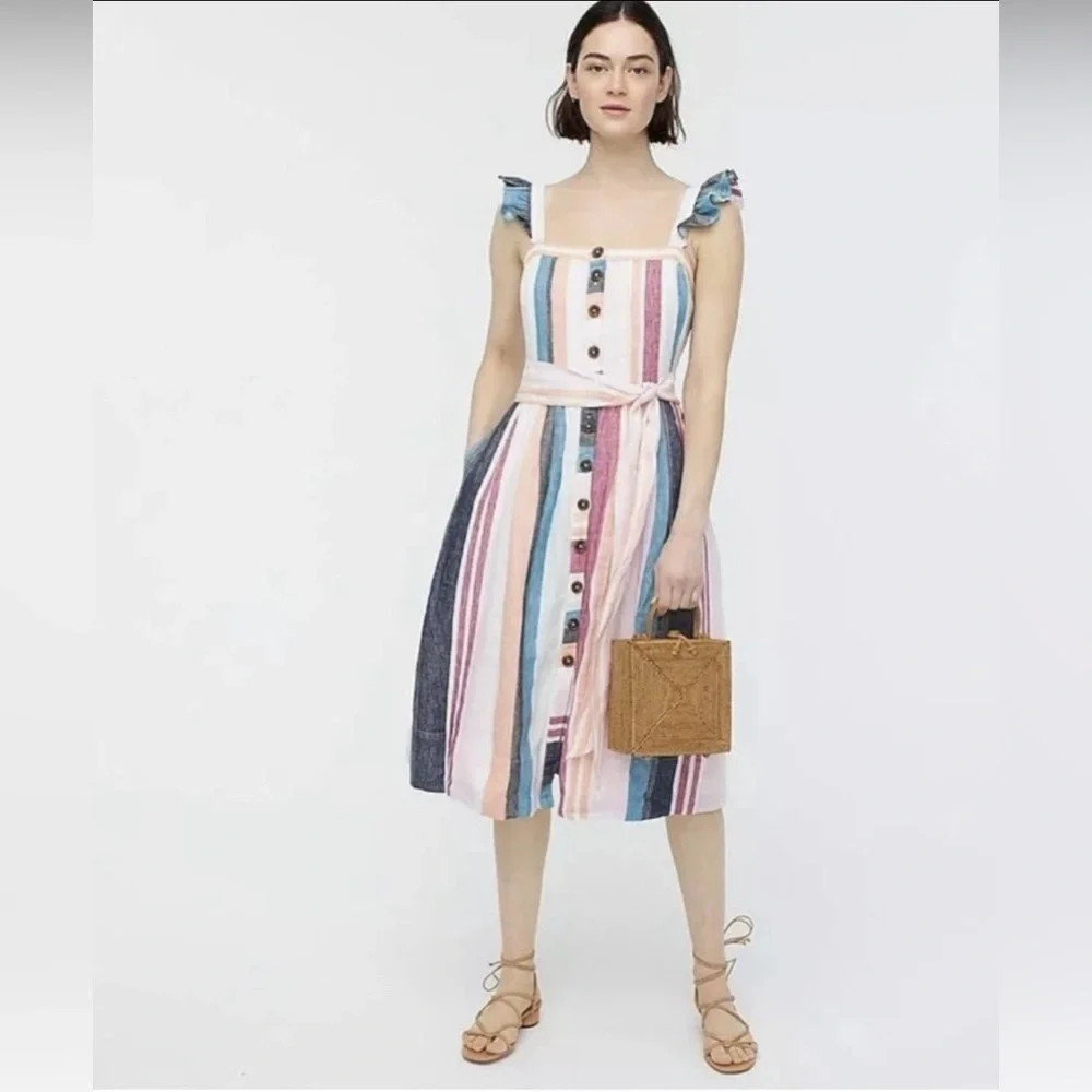 J CREW Linen Button-up midi dress in mixed stripe Multicolor Sleeveless Lined - Picture 4 of 15